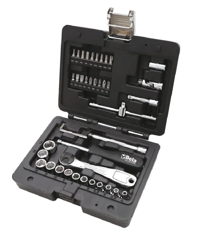 BETA BW 903E/C42 - Assortimento di 13 chiavi a bussola esagonali, 18 inserti per avvitatori, 4 chiavi maschio esagonale piegate e 7 accessori in cassetta di plastica